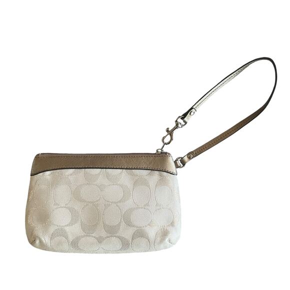 COACH Signature Metallic Khaki Gold Pleated Leather Top Zip Wristlet Bag Logo - Picture 8 of 8